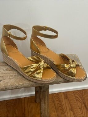 Franco Sarto Metallic Gold Espadrille Wedge Sandals with Ankle Strap